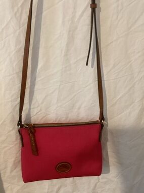 Dooney & Bourke Nylon Pouchette Crossbody fuchsia pink with Brown Strap